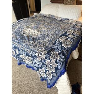 Antique Jacquard Woven Coverlet Blue/White Floral 85X71" Fringe 3 Sides